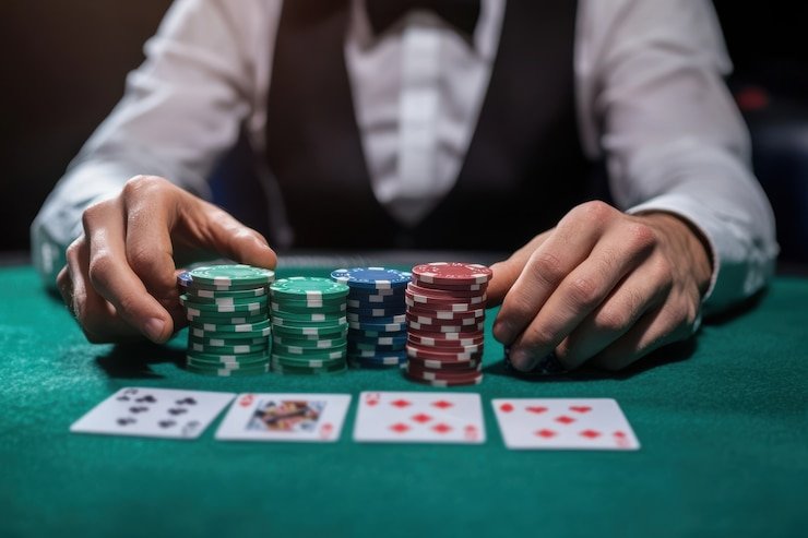 Tampilan meja Bandar Poker di antiktoto dengan kartu, chip, dan antarmuka pemain di layar